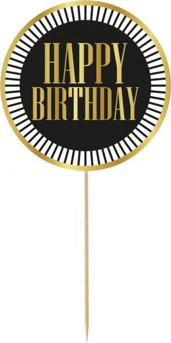 Godan / decorations papírová dekorace na B&G Party dort - Happy Birthday, černý, pruhy, 10 cm