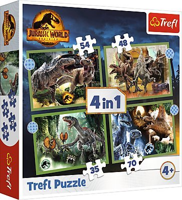 TREFL Puzzle 4v1 Jurský svět Nadvláda Nebezpeční dinosauři