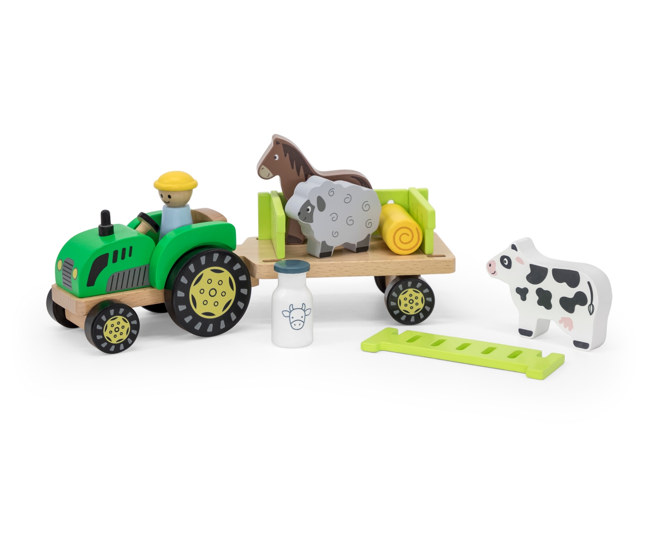 Viga Dřevěný traktor s přívěsem a zvířaty