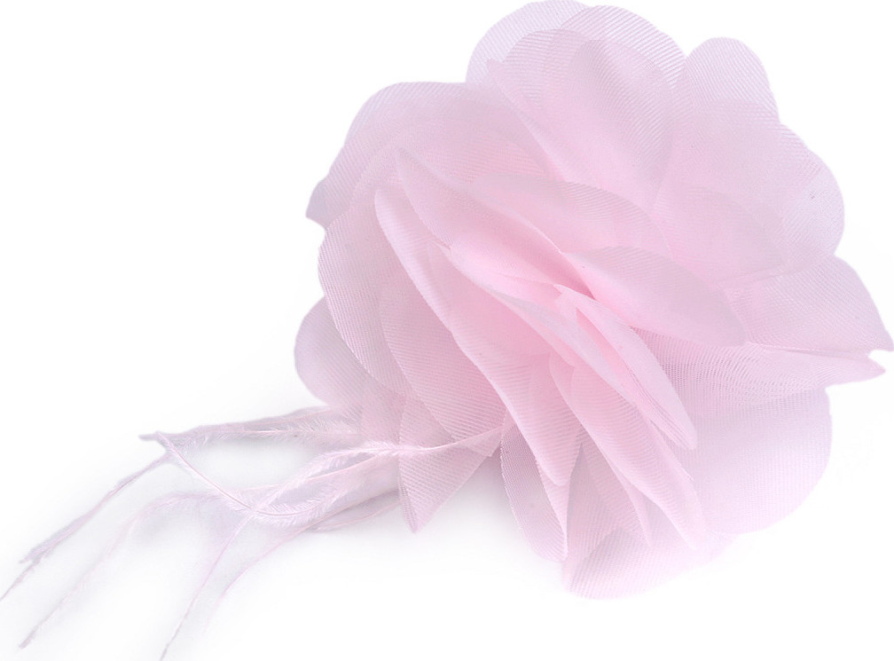 Šifónový květ s peřím k našití a nalepení Ø8-9 cm Varianta: 6 růžová sv., Balení: 1 ks