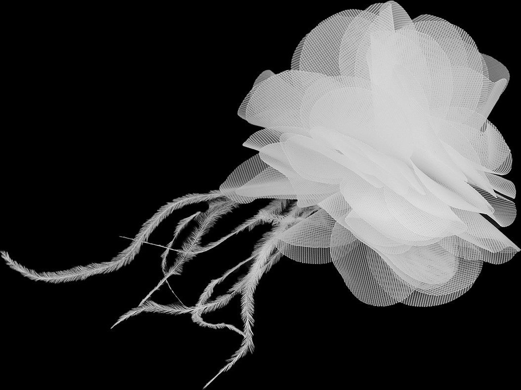 Šifónový květ s peřím k našití a nalepení Ø8-9 cm Varianta: 1 bílá, Balení: 10 ks
