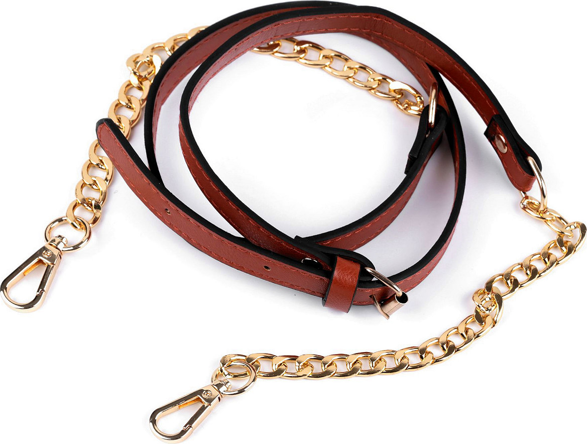 Koženkový popruh / ucho na kabelku s řetízkem a karabinami šíře 1,5 cm Varianta: 3 hnědá koňak zlatá, Balení: 1 ks