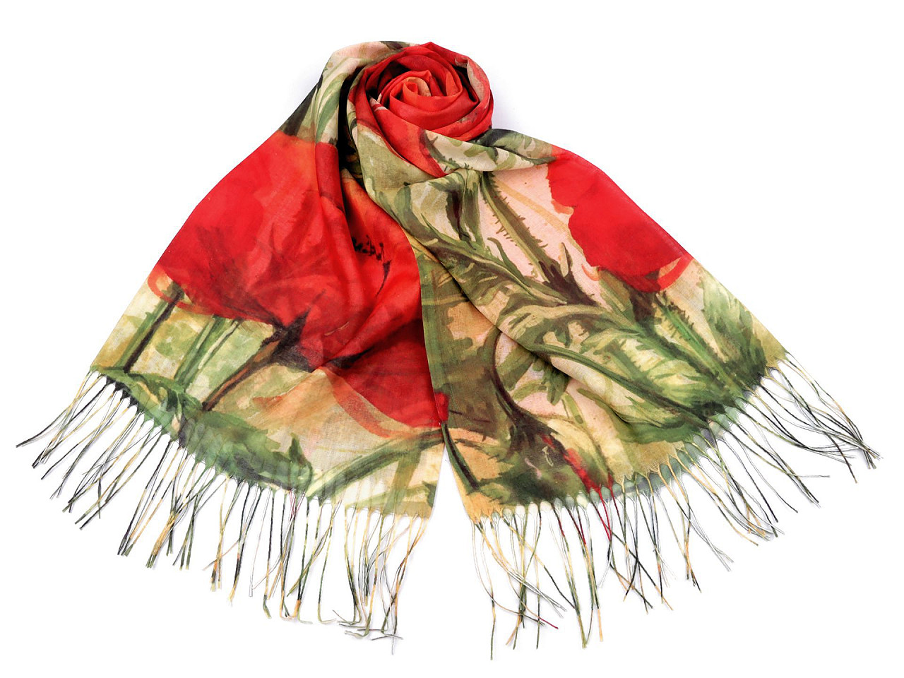 Šátek / šála s třásněmi malované květy 70x175 cm Varianta: 1 červená, Balení: 1 ks