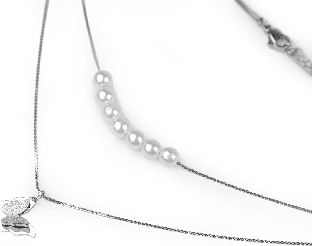 Náhrdelník z nerezové oceli dvojitý motýl s perlami Varianta: platina, Balení: 1 ks