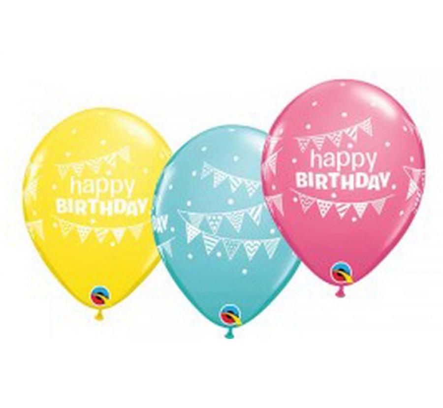 Qualatex Balón QL 11" s potiskem "Happy Birthday Pennants & Dots", speciální pastelový mix / 25 ks.
