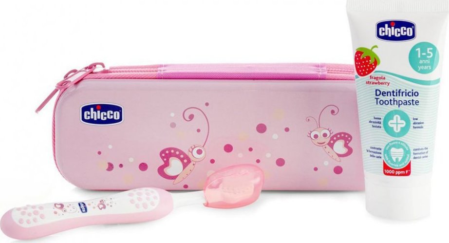 CHICCO Set zubní kartáček a pasta s fluorem v pouzdře Always Smiling růžová 12m+