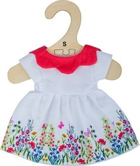 Bigjigs Toys Bílé květinové šaty s červeným límečkem pro panenku 28 cm