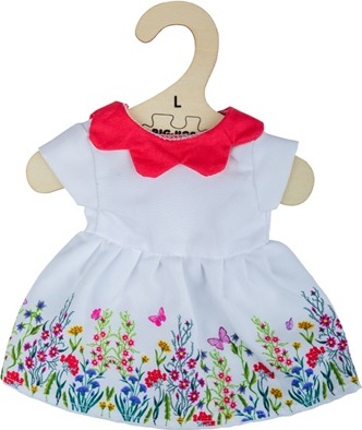 Bigjigs Toys Bílé květinové šaty s červeným límečkem pro panenku 38 cm