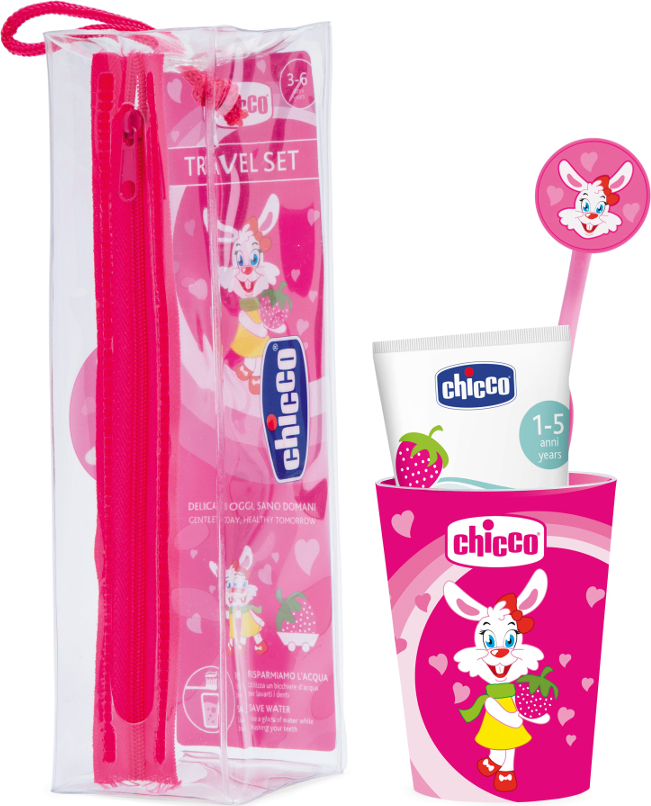 CHICCO Set péče o zuby Travel, 3r+ růžový