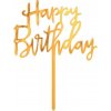 B&C akrylová dekorácia na tortu Happy Birthday, zlatá, 14x10 cm