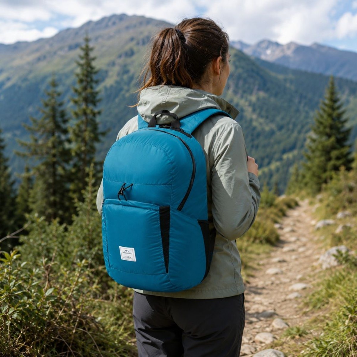 Detail des Naturehike 30 l Rucksacks mit YKK-Reißverschlüssen, Taschen und Vorbereitung für ein Trinksystem