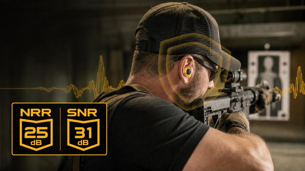 NRR 25dB SNR 31dB certyfikowana ochrona słuchu strzelec na strzelnicy