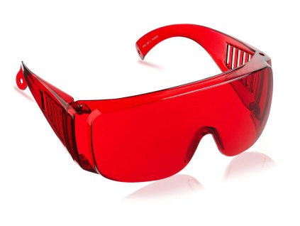 Rote Brille vor blauem Licht (Farbe Hellrot)