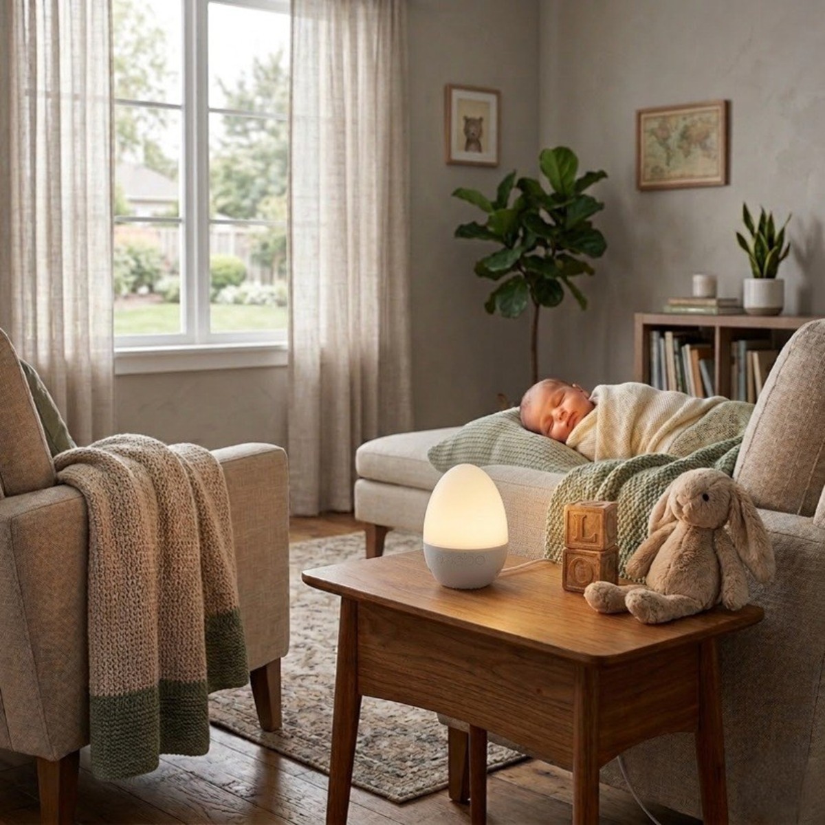 Výběr uklidňujících zvuků a LED světlo pro dětský spánek