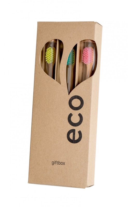Ecoheart Giftbox - dárkové balení bambusových kartáčků na zuby - 3 ks Barva kartáčků: Žlutá/Zelená/Růžová