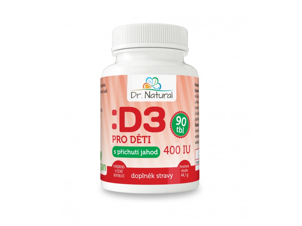 Levně Dr. Natural Vitamín D3 pro děti s příchutí jahody (400IU) 90 tablet