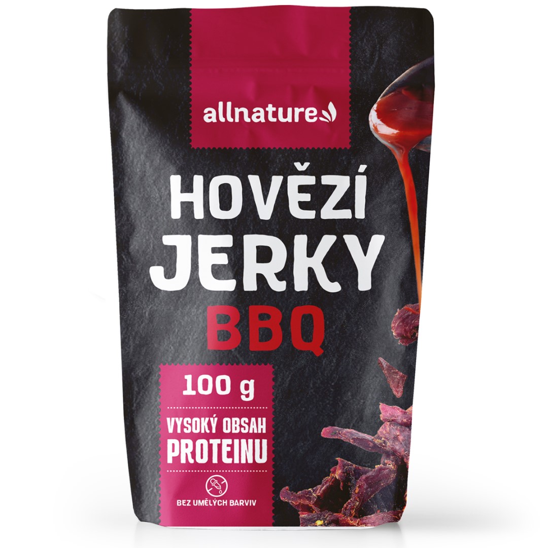 Allnature BEEF BBQ jerky - sušené hovězí maso s příchutí BBQ Hmotnost: 100g