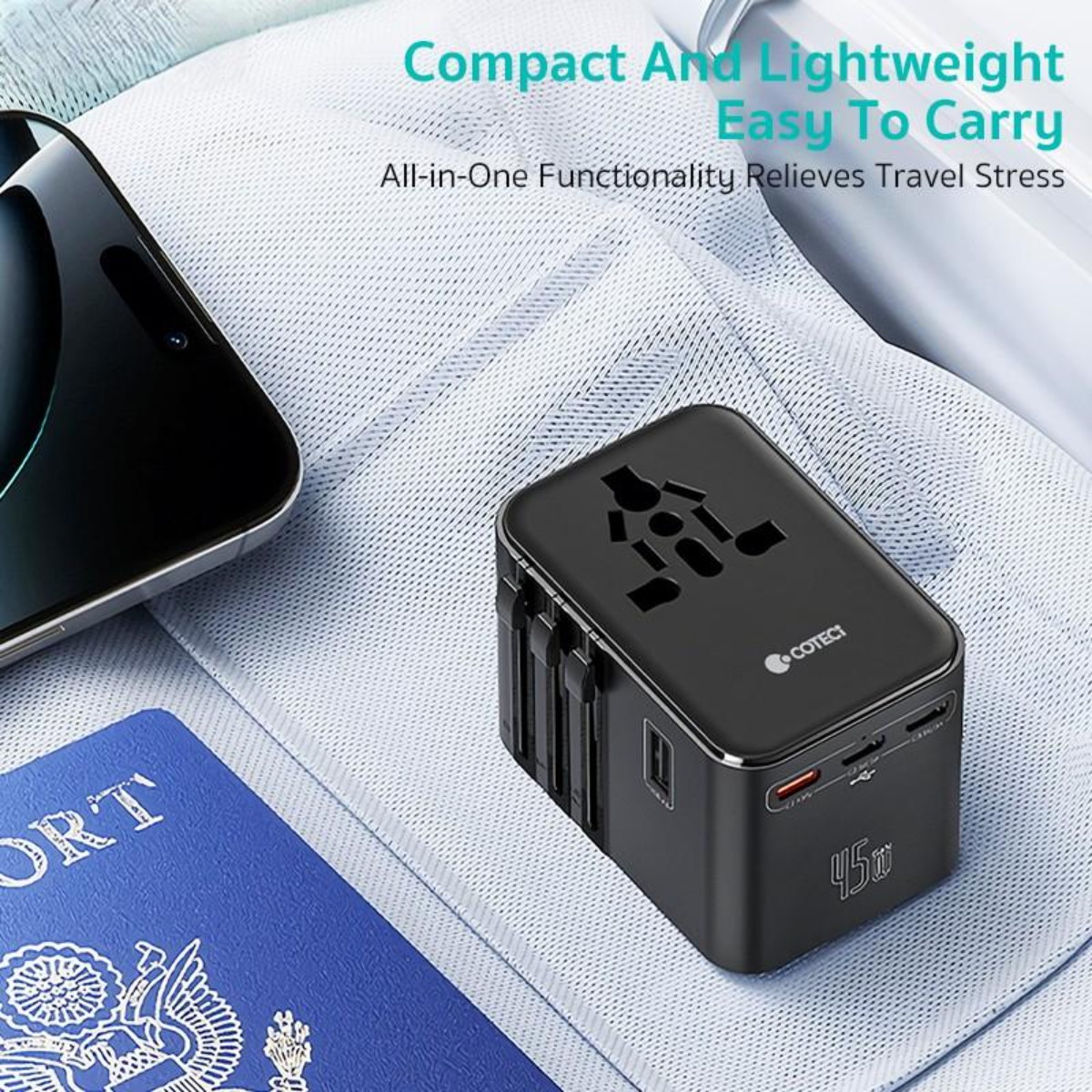 Biztonságos és kompakt Coteci 45W utazóadapter