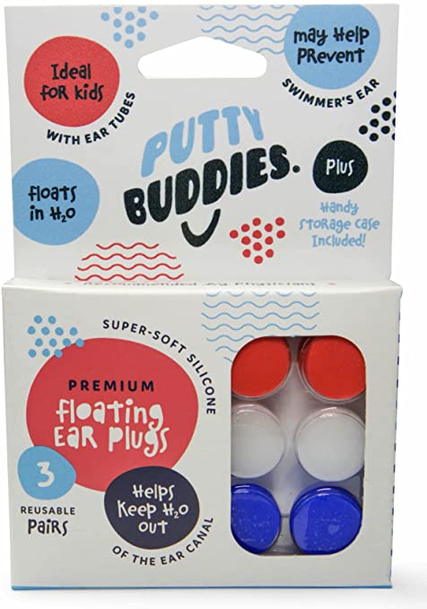E-shop Putty Buddies - 3 páry Plávajúce silikónové štuple do uší Farba: Modrá / Biela / Červená