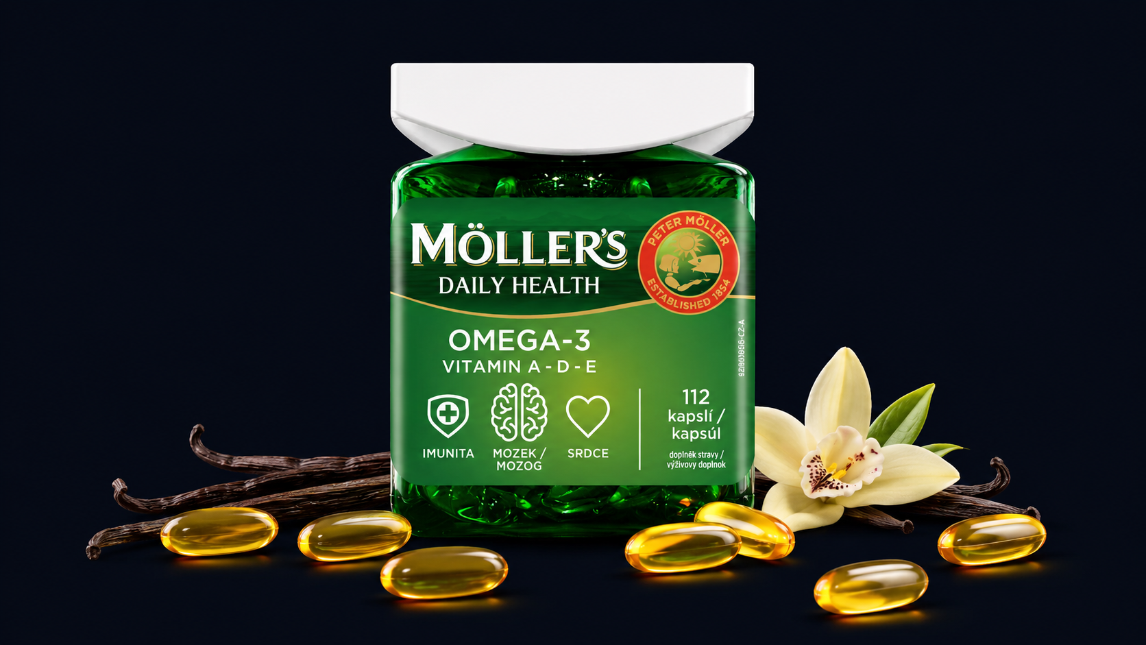 Möller´s Omega-3 Daily Health kapsle s vůní vanilky 112 kapslí