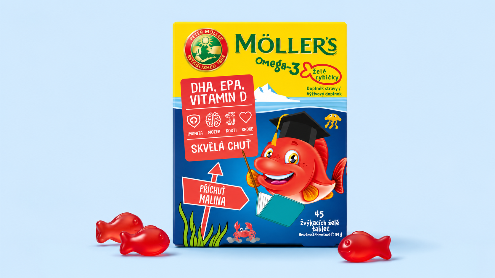 Möller´s Omega-3 Želé rybičky s příchutí Malina 45 žvýkacích želé