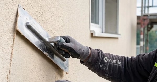 Natahování fasádní omítky Cemix nerezovým hladítkem