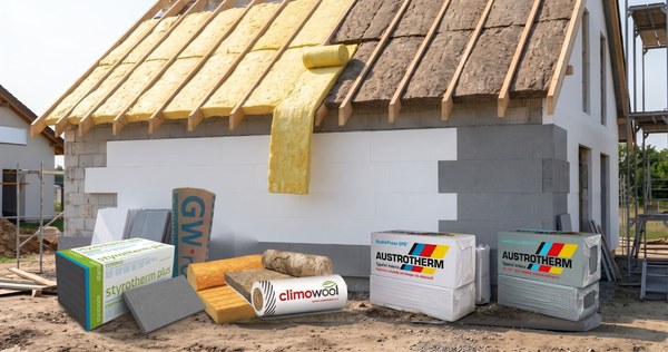 Minerální vata v rolích GW Roll a Knauf Climowool a fasádní polystyren Austrotherm EPS 70F a šedý EPS NEO 70