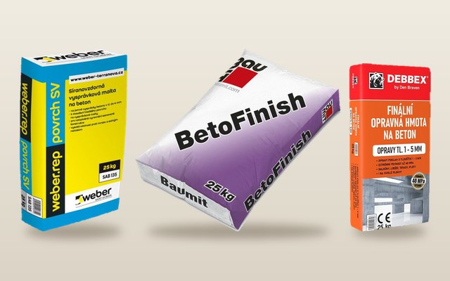 Jemné stěrky na beton Weberrep povrch SV, Baumit BetoFinish a DEBBEX opravná hmota FINAL
