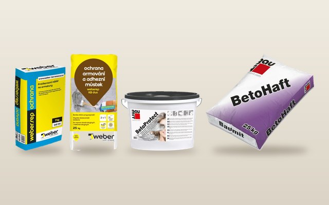 Antikorozní ochrana výztuže a spojovací můstky Weberrep ochrana, Weberrep KB duo, Baumit BetoProtect a BetoHaft