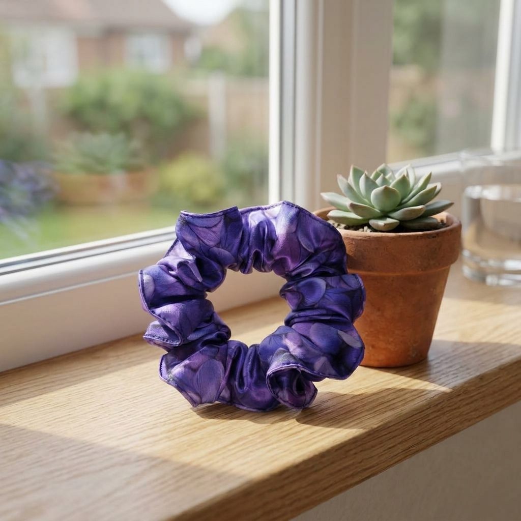 Scrunchie gumička - satén - FIALKY – foto 4