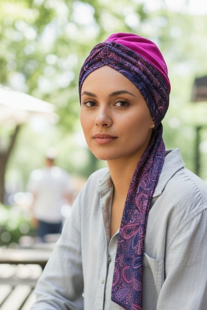 Bavlněný turban-lux - MALINA - MANDALA FIALOVÁ – foto 4