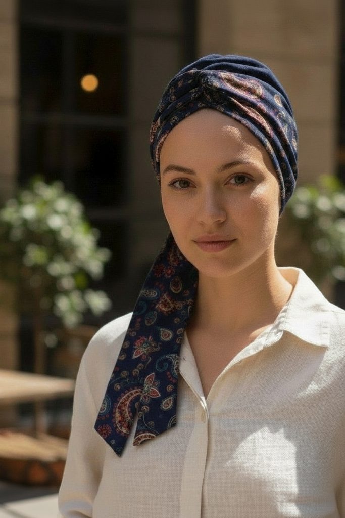 Bavlněný turban-lux - TMAVĚ MODRÝ - ETNO NA MODRÉ – foto 3