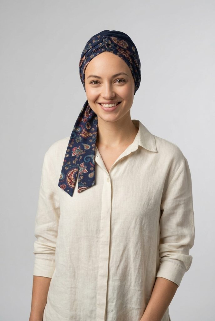 Bavlněný turban-lux - TMAVĚ MODRÝ - ETNO NA MODRÉ – foto 4
