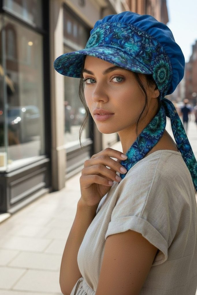 Bavlněný turban sani s kšiltem - REGAL/MANDALA MODRÁ – foto 4