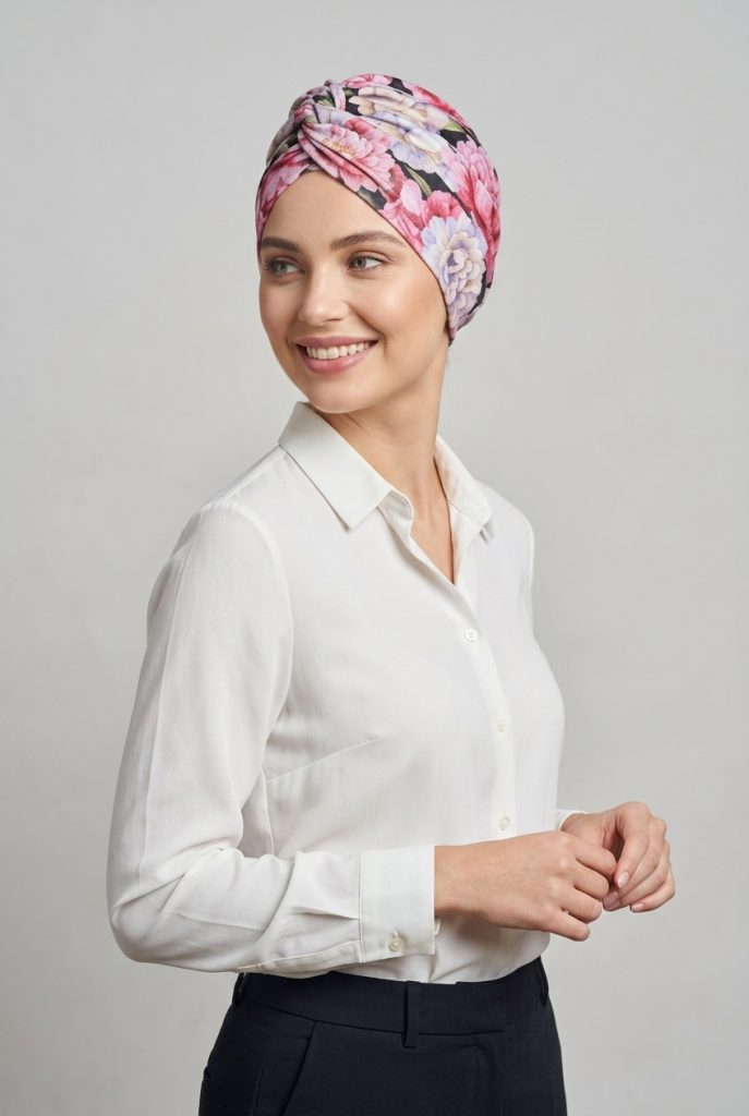 Bavlněný turban-style - PIVOŇKY NA ČERNÉ – foto 4
