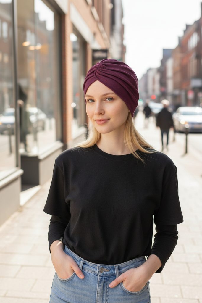 Bavlněný turban-style - TEMNĚ FIALOVÝ – foto 3
