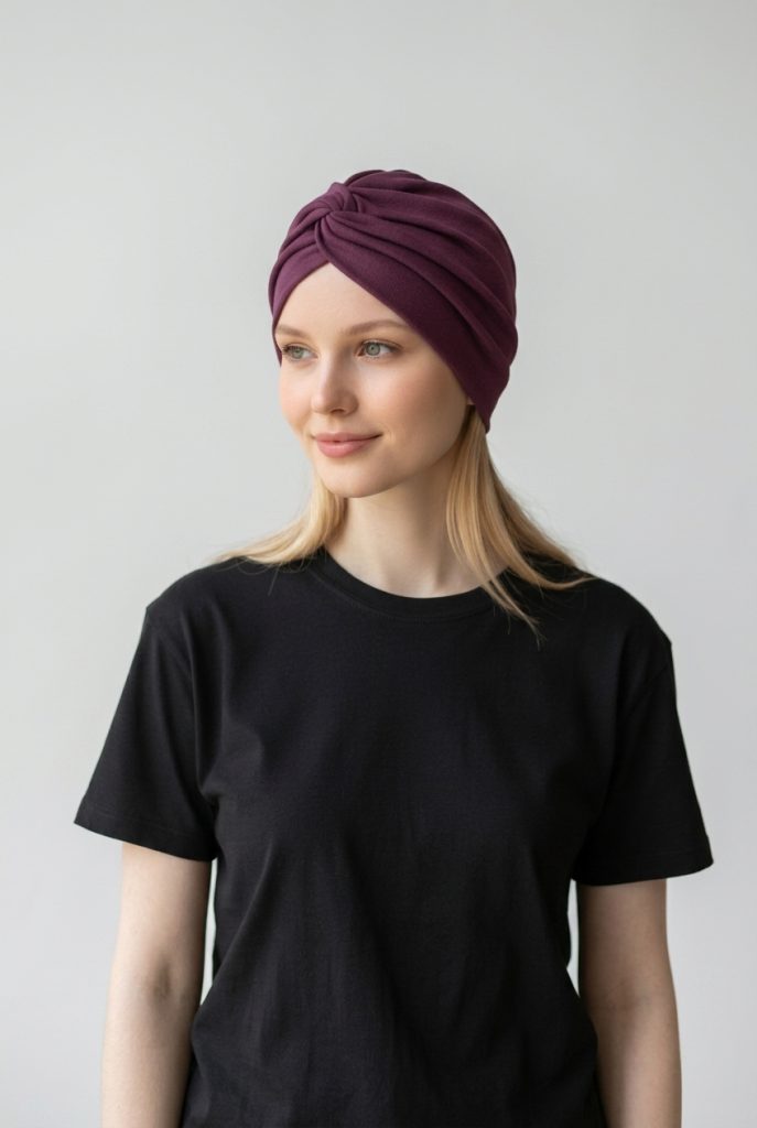 Bavlněný turban-style - TEMNĚ FIALOVÝ – foto 4