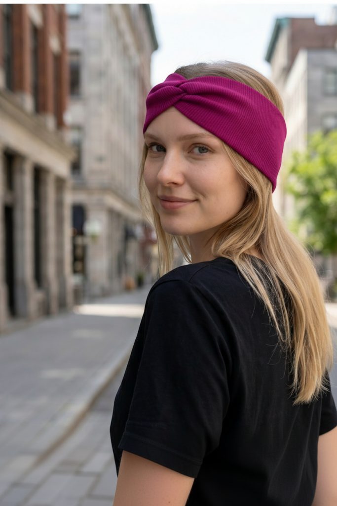 Bavlněná čelenka - MALINOVÁ - ŽEBROVANÁ – foto 3