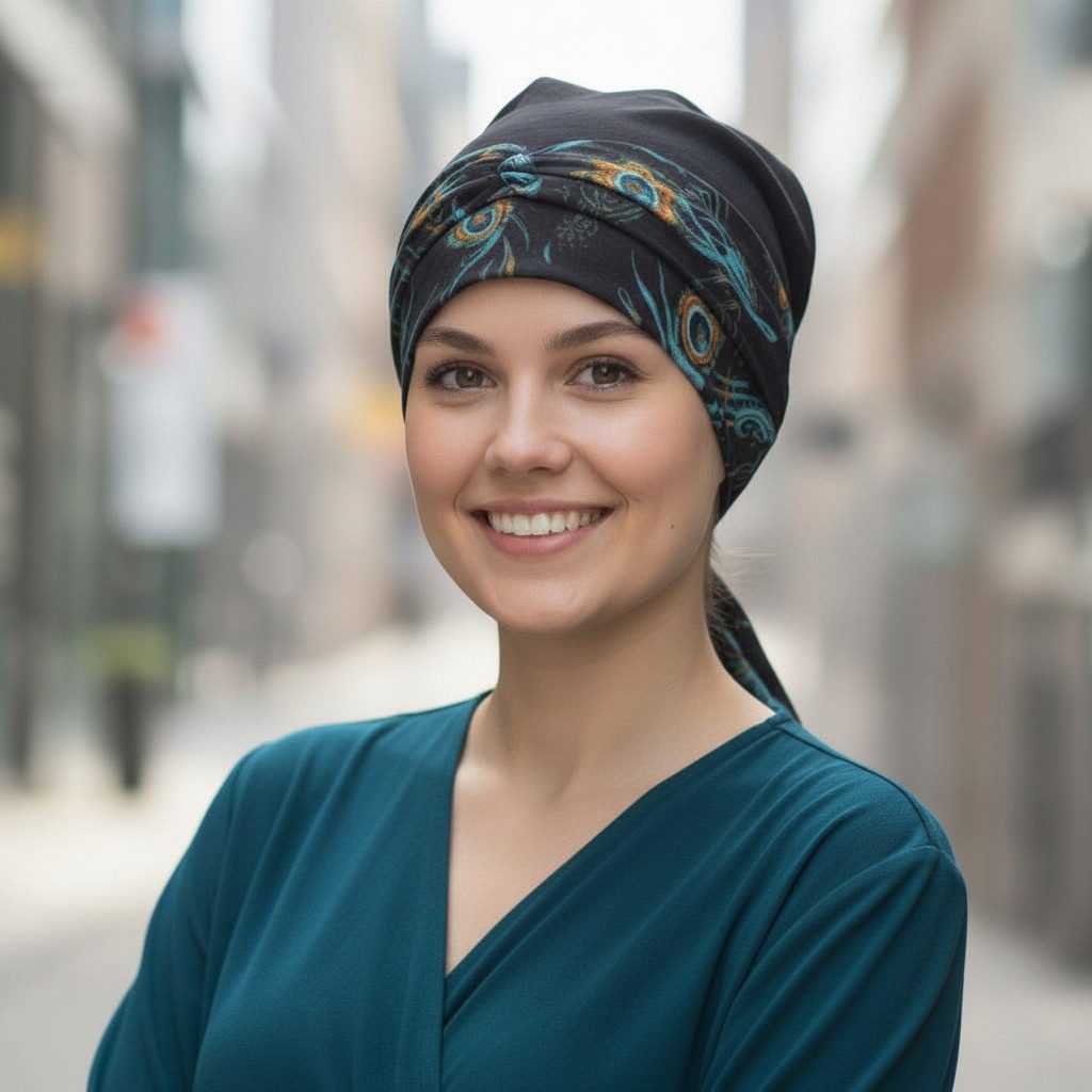 Bavlněný turban-lux - ČERNÝ - PAVÍ PEŘÍ – foto 4