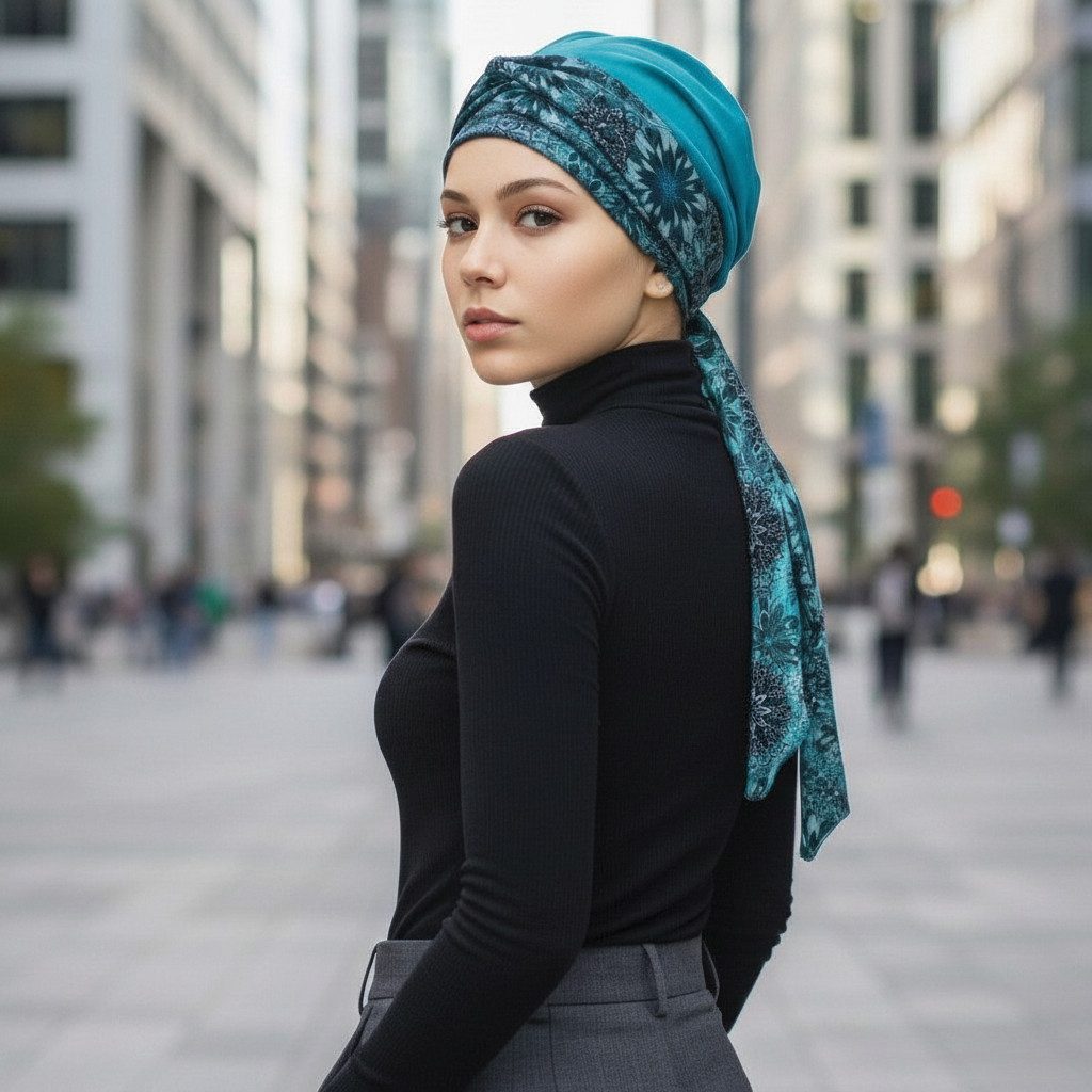 Bavlněný turban-lux - TYRKYSOVÝ - MANDALA TYRKYSOVÁ – foto 4