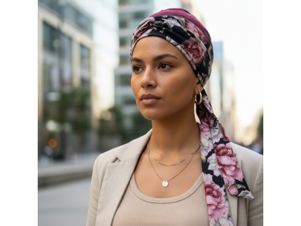 Bavlněný turban-lux - BORDÓ - PIVOŇKY NA ČERNÉ