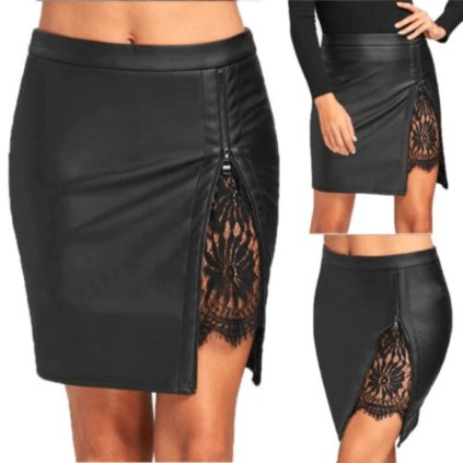 Maite - szoknya, miniszoknya, csipke, hasíték, ökobőr, fekete, S-M-L-XL (Méret EU XL)