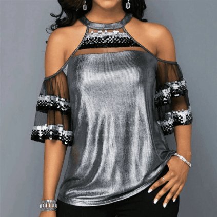 Janelle - blúz, extravagáns, ezüst szín, flitteres ujj, női, elegáns, poliészter, spandex (Méret M)