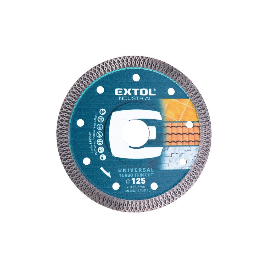 EXTOL INDUSTRIAL gyémántvágó, ipari korong, TURBO, extra vékony vágás: 1,5mm vastagság; 115×22,2mm, száraz és vizes vágásra