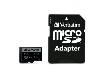 Paměťová karta Verbatim Pro microSDXC 64GB UHS-I V30 U3 (90R/45W) + adaptér