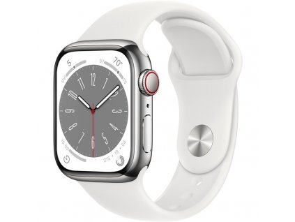 Chytré hodinky Apple Watch Series 8 GPS + Cellular 41mm pouzdro ze stříbrné nerezové oceli - bílý sportovní řemínek