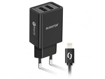 Nabíječka do sítě Aligator 2,4A, 2xUSB, smart IC, USB kabel pro Apple - černá