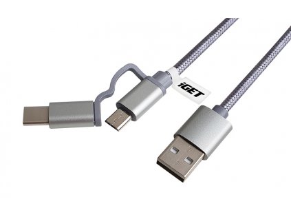 Kabel iGET USB/USB-C + micro USB, 1m - stříbrný