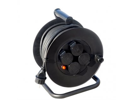 Kabel prodlužovací na bubnu Solight 4 zásuvky, venkovní, 50m gumový kabel, 3x 1,5mm2, IP44 - černý