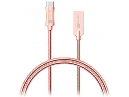 Kabel Connect IT Wirez Steel Knight USB/USB-C, ocelový, opletený, 1m - růžový/zlatý